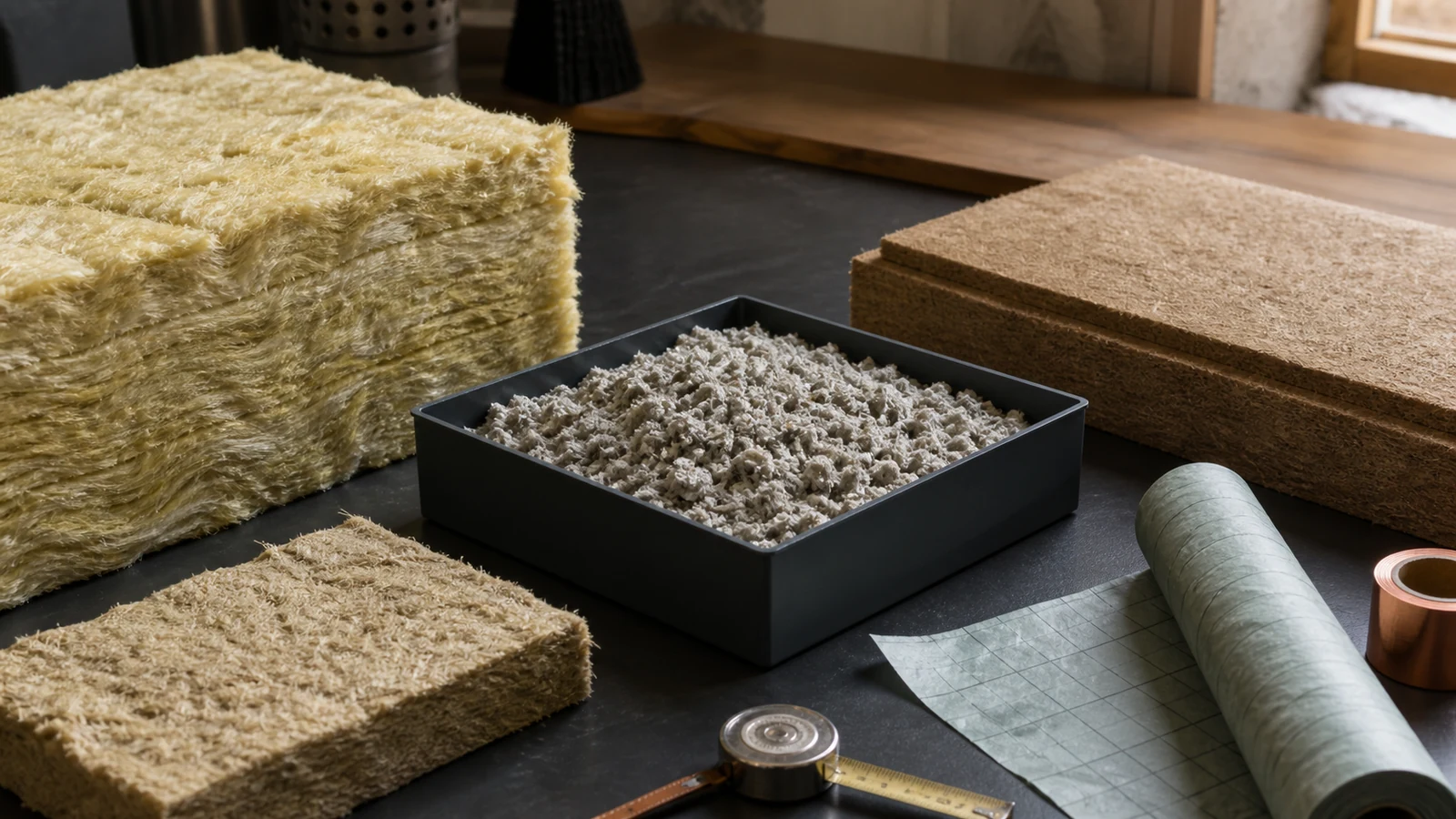Matières isolantes comparées pour l’Aisne Échantillons de laine minérale, cellulose, fibre de bois et chanvre pour les combles